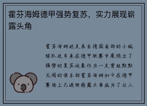 霍芬海姆德甲强势复苏，实力展现崭露头角