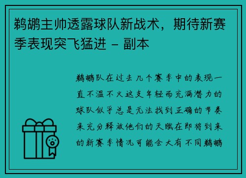 鹈鹕主帅透露球队新战术，期待新赛季表现突飞猛进 - 副本