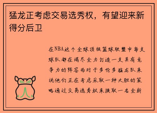 猛龙正考虑交易选秀权，有望迎来新得分后卫
