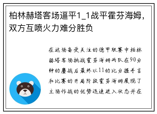 柏林赫塔客场逼平1_1战平霍芬海姆，双方互喷火力难分胜负