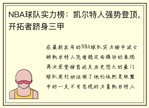 NBA球队实力榜：凯尔特人强势登顶，开拓者跻身三甲