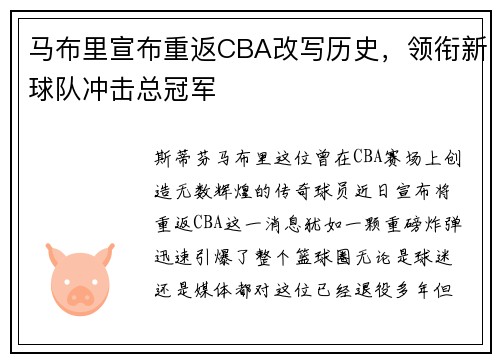 马布里宣布重返CBA改写历史，领衔新球队冲击总冠军