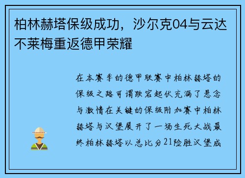 柏林赫塔保级成功，沙尔克04与云达不莱梅重返德甲荣耀