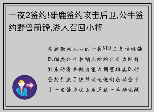一夜2签约!雄鹿签约攻击后卫,公牛签约野兽前锋,湖人召回小将