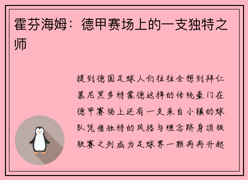 霍芬海姆：德甲赛场上的一支独特之师