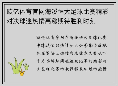 欧亿体育官网海溪恒大足球比赛精彩对决球迷热情高涨期待胜利时刻